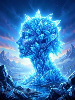 Woman's profile made of ice crystals, translucent, cold blue backlight