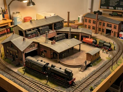 Scale roundhouse with multiple locomotive stalls, turntable, the industrial comp