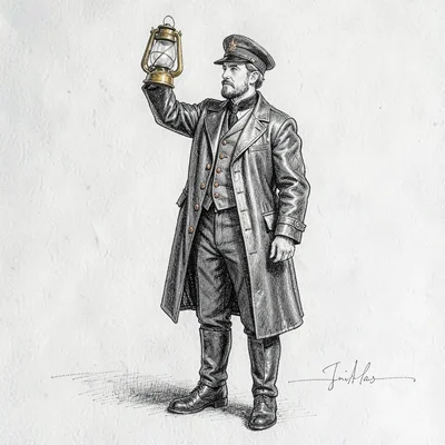 The watchful signalman stands at parade rest, brass lantern raised, riding-boots