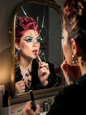 Drag queen applying lipstick in a cracked mirror, competing light sources making