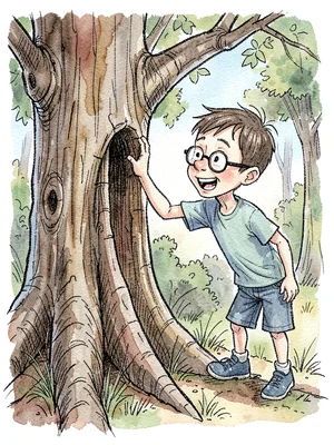 Boy with glasses peering in tree