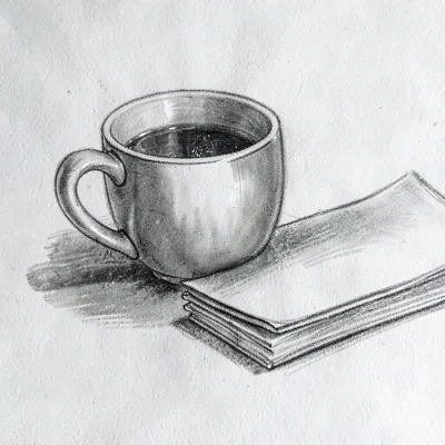 Charcoal sketch of a single coffee mug beside a stack of pages, soft graphite gr