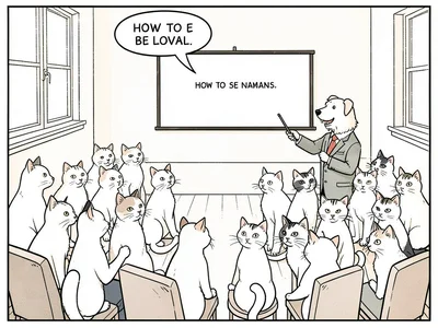 Dog lecturing cats on loyalty