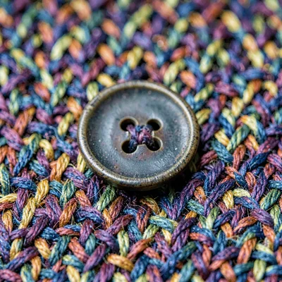 Macro of a horn button on tweed, slight wear visible on the rim