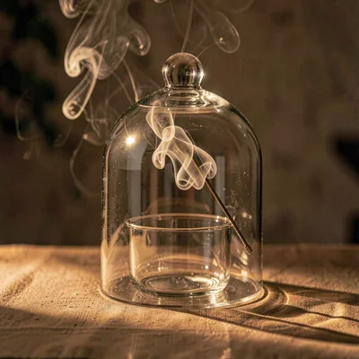 Warm still-life of a glass cloche over a smoking glass, dappled tungsten light