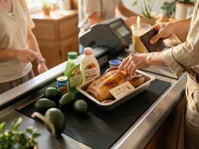 The checkout conveyor belt moment — a person's groceries arranged on the black r