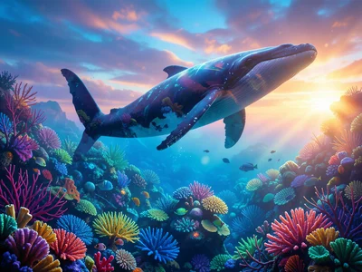 Whale breaching silhouette containing deep ocean coral reef, double exposure