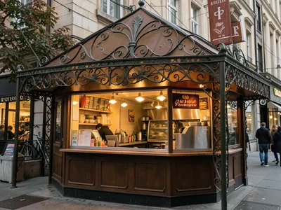Taco stand with Art Nouveau wrought iron canopy, ornamental metalwork, warm ligh