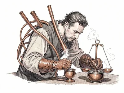 An alchemist hunches over an unseen retort, leather gauntlets steaming, copper d