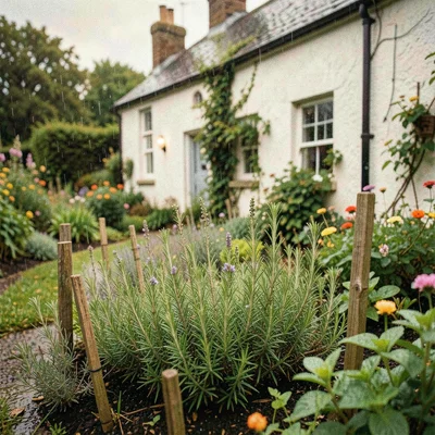 Herb garden beside a whitewashed Irish farmhouse, wooden stakes marking thyme, r