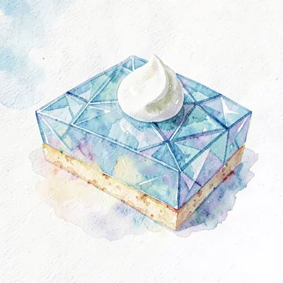 Glassy sapphire lowpoly slice of pie with a faceted lattice top and a single dol