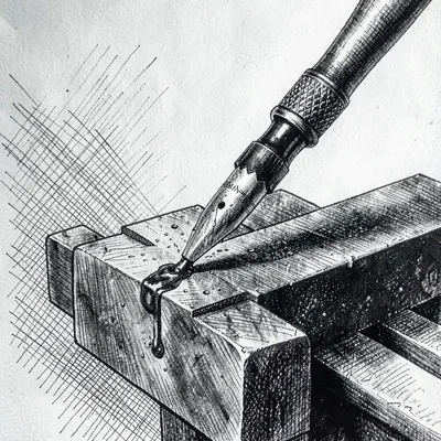 Tight pen-ink drawing of a spade head clamped in a vise mid-grinding, cross-hatc