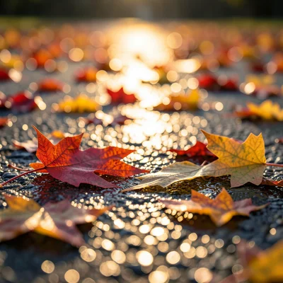 Close-up of autumn leaves in red, orange, and gold scattered on wet pavement