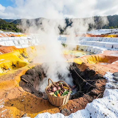 Rotorua geothermal landscape, active earth palette, Hangi pit opened, steam bill