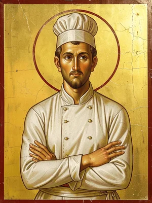Frontal portrait of a chef in white coat, arms crossed, haloed on gold