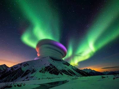 Lenticular cloud stack hovering over a mountain peak like a UFO, sunset colors