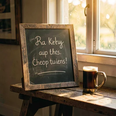 Warm still-life of a chalkboard sign leaning on a bench beside a stein, golden w