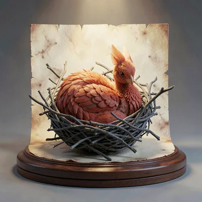Fledgling phoenix curled inside a nest of charcoal-twigs on the plinth with down