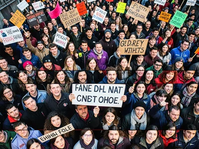 Protest crowd from above, signs and faces hex-edited into horizontal bands