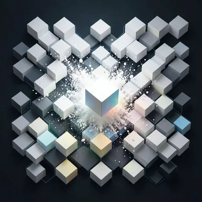 Perfect geometric grid of white cubes with one cube exploding into particles