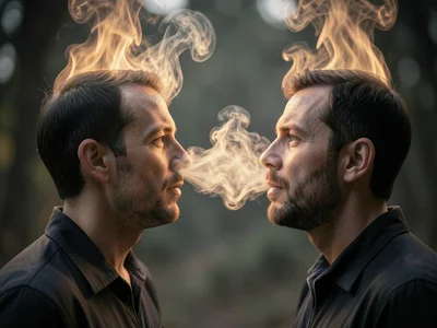 A Schlieren photograph of two people talking face to face, their breath visible 