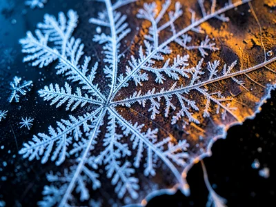 Frost patterns on a fallen leaf, ice crystals following the venation pattern, bi