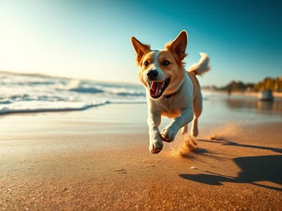 Candid photography style, a joyful dog running along the shoreline on a sunny beach, sand kicking up under its paws, dyn