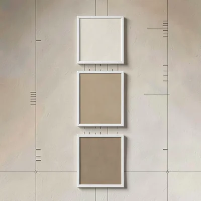 Vertical stack of three swatch plates climbing the frame, gutter ticks