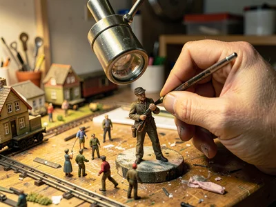 Weathered hands delicately painting a tiny 1:87 scale figure with a magnifying l