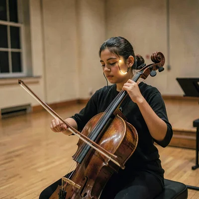 A focused Mexican cellist in her twenties practicing scales in an empty hall, la