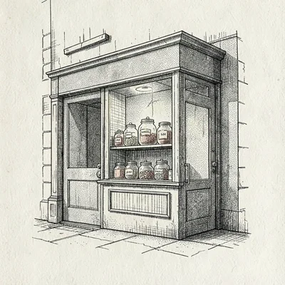 Loose pen-ink shopfront scene with treat jars in the window, fine hatching, ochr