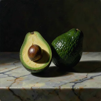 Single avocado cut in half on a marble surface, one half with pit, dramatic side