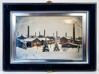 Antiqued photograph of snow-covered industrial town at Christmas, chimneys and l