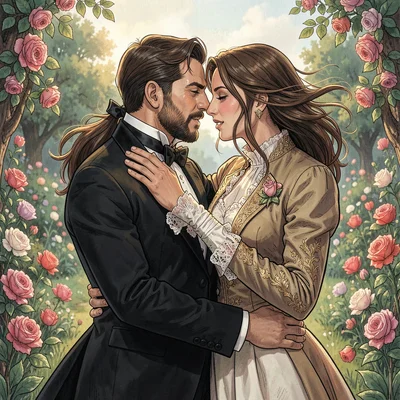 Regency couple in formal garden