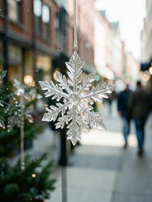 Close-up of crystal snowflake ornament catching window light