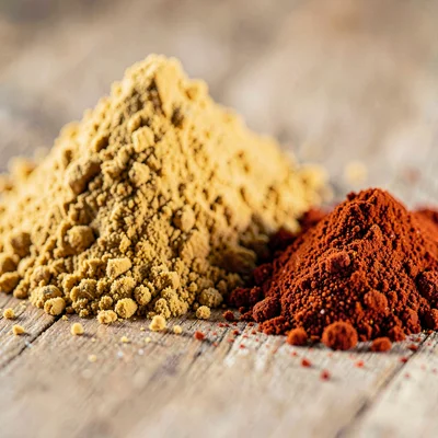 Macro 2:3 of a mound of turmeric powder beside a mound of paprika