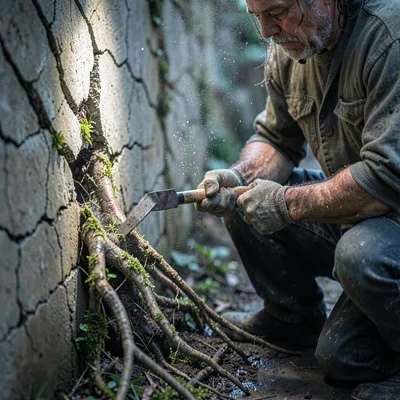A brawny root-mason kneeling beside a fissured wall, mossy roots pried apart by