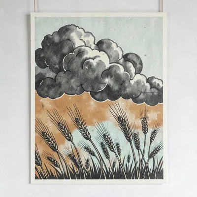 Wild Rye can-label artwork, abstract wheat-and-storm motif with bent rye stalks