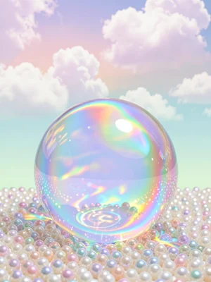 Oversized translucent jelly orb hero resting on a pearl floor with cumulus paste