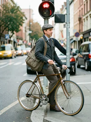Cyclist in stylish commuter outfit waiting at a red light, messenger bag, fixie 