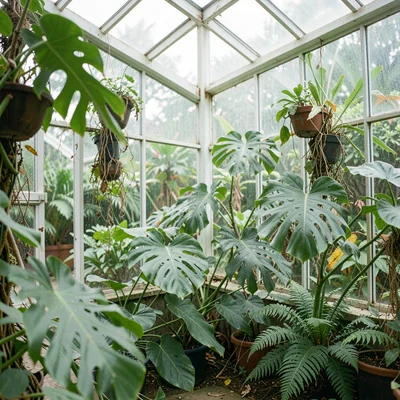 lush green corner of a tropical glasshouse with monstera leaves