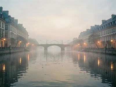 Quay lights reflecting on mist-shrouded water