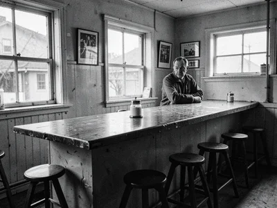 Interior of a small rural diner — long counter, empty stools, sugar shaker, earl