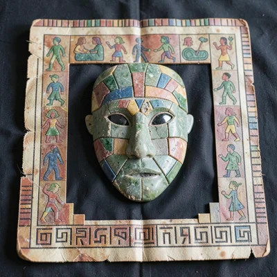 Jade mask displayed on dark cloth, frontal view, stone mosaic inlay catching lig