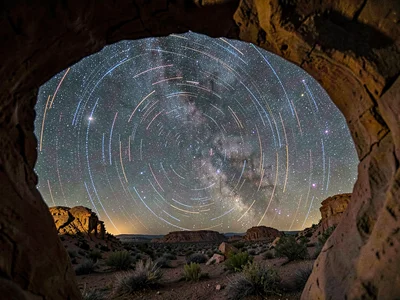 Star trails through natural arch frame