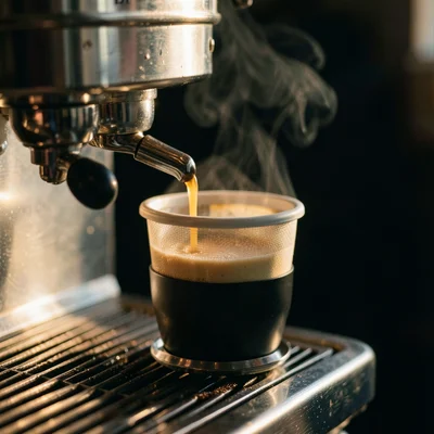 An espresso machine group head close-up, water just beginning to emerge, the nak