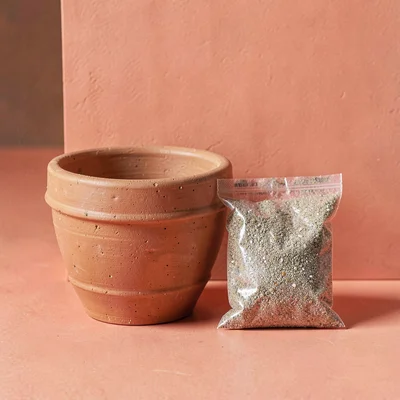 Catalog square ad of a single textured terracotta pot beside a small bag of grit