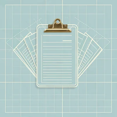 Blueprint exploded view of a clipboard with stacked field forms fanning outward,