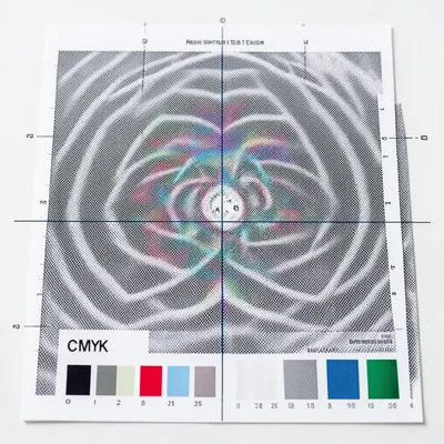 A close-up of halftone rosette pattern where the four CMYK screens create interf