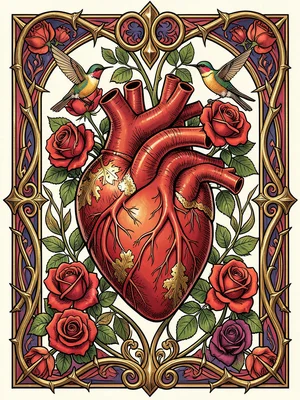An anatomical heart surrounded by blooming roses and hummingbirds, the heart ren